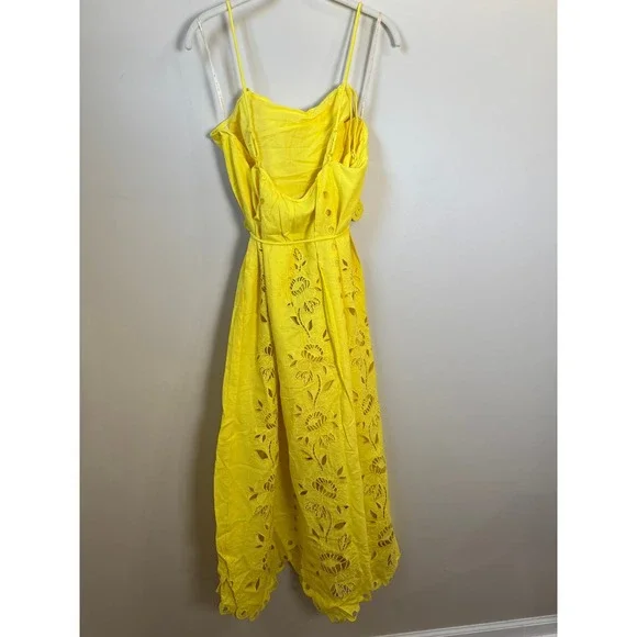 Farm Rio Yellow Floral Eyelet Midi Dress Scalloped Hem Tie Waist NWT